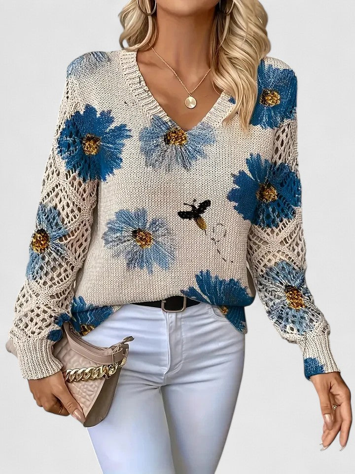 Sandrine | Maglione da donna con motivo floreale e scollo a V