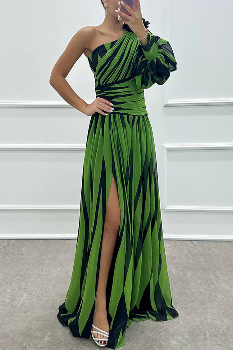 Bonnie | Elegancka Sukienka Maxi One Shoulder w Paski