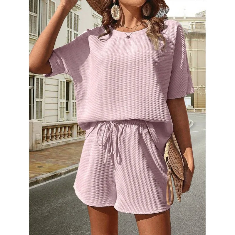 Luvessa | Women's Summer Textured Set with Shorts and Tie