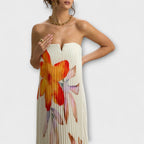 Moana | Abito Maxi Plissettato Estivo Donna con Fiori e Senza Spalline