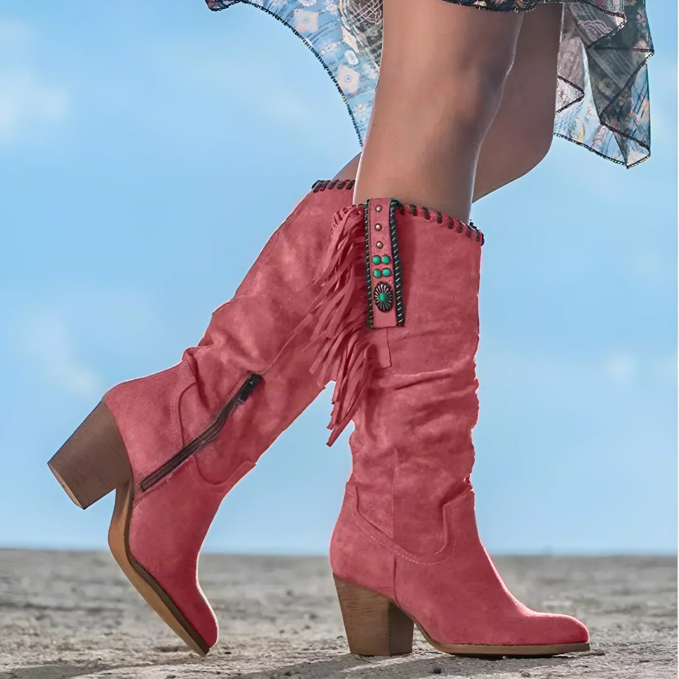 Zanviera | Women's Boho Cowboy Boots with Fringe Western Mid-Calf