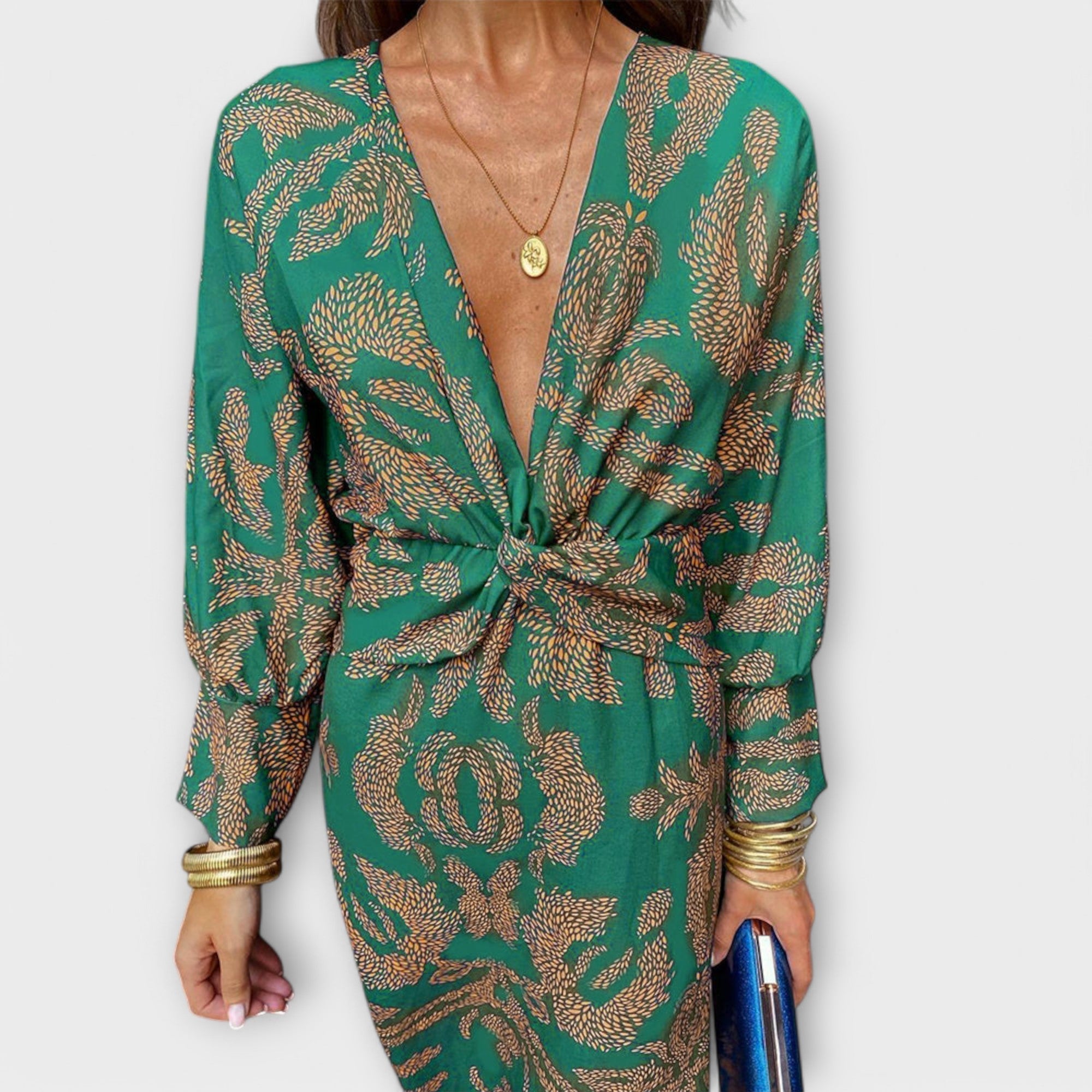 Elorina | Abito Midi Elegante da Donna con Maniche Lunghe e Fantasia