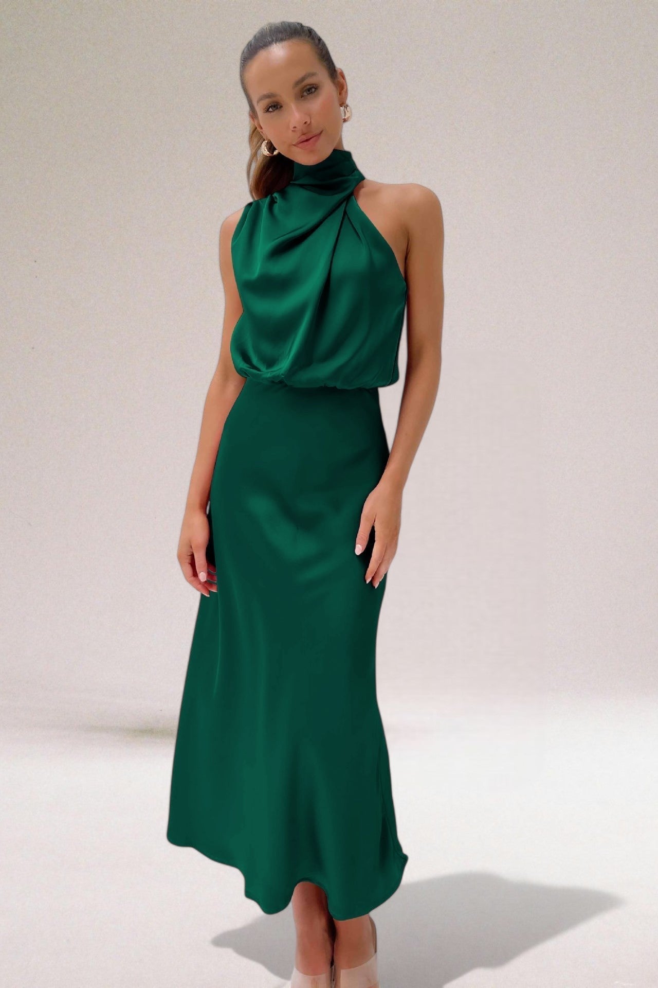 Sorelia | Abito Elegante da Donna in Raso Midi con Scollo Alto