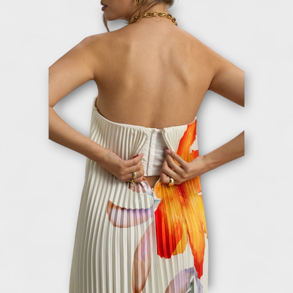 Moana | Abito Maxi Plissettato Estivo Donna con Fiori e Senza Spalline