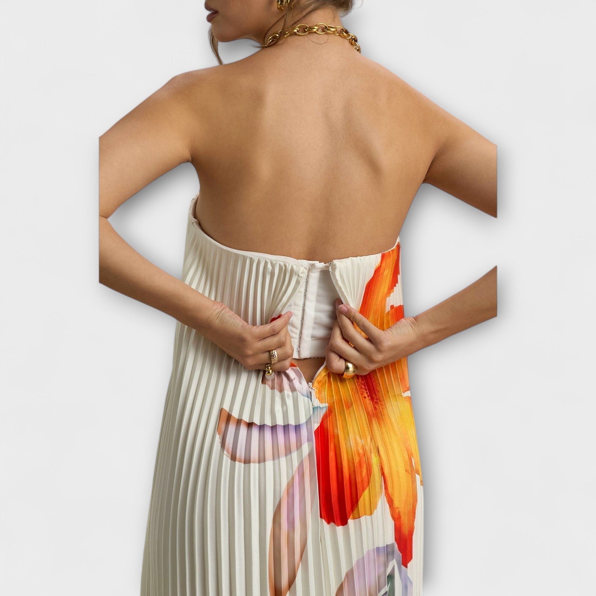 Moana | Abito Maxi Plissettato Estivo Donna con Fiori e Senza Spalline