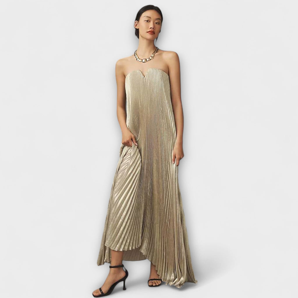 Moana | Abito Maxi Plissettato Estivo Donna con Fiori e Senza Spalline