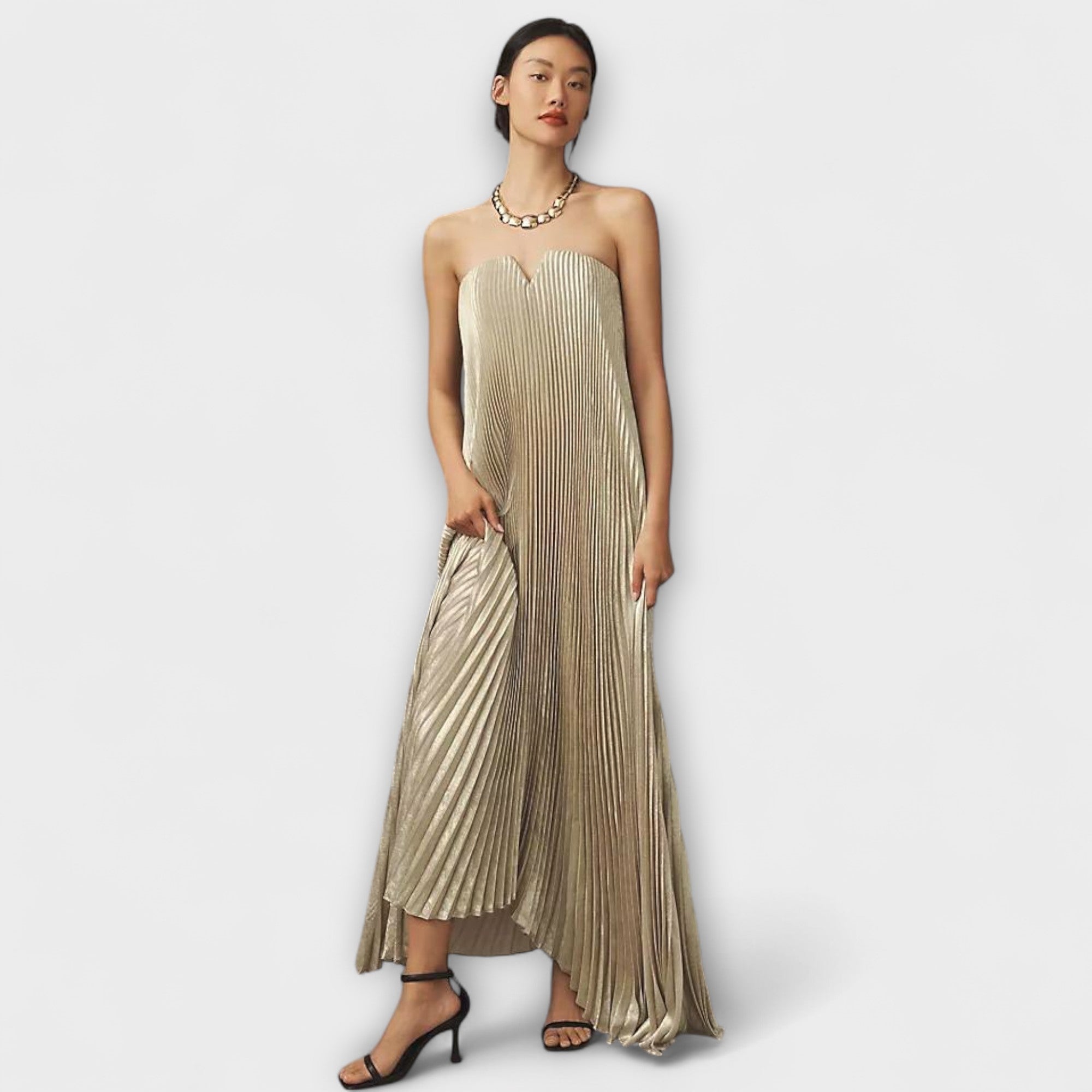 Moana | Abito Maxi Plissettato Estivo Donna con Fiori e Senza Spalline