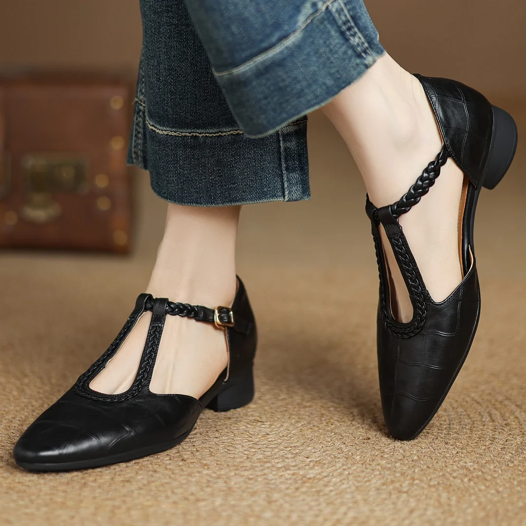 Aureline | Damskie Buty Mary Jane Vintage z Plecionym Paskiem T-Bar