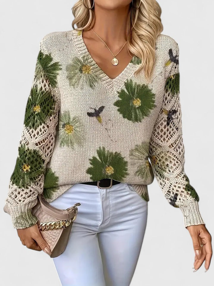 Sandrine | Women's Sweater with Floral Pattern and V-Neck