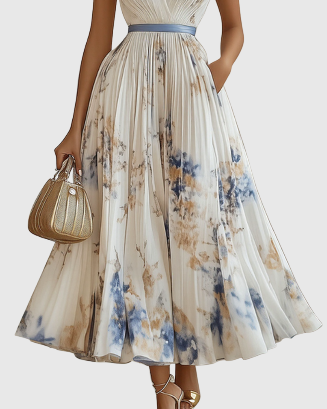 Celestine | Damska plisowana sukienka midi z dekoltem V i wzorem