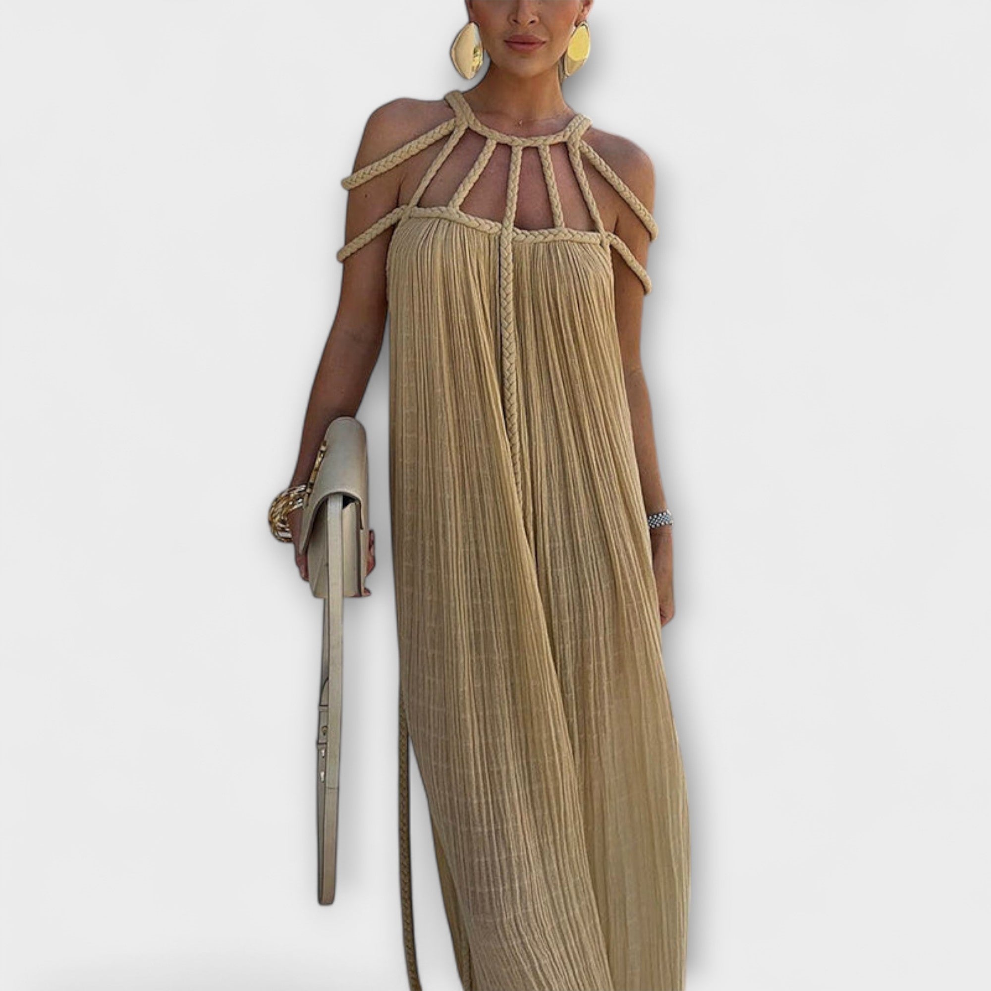 Celestara | Abito Maxi Plissettato da Donna con Cordoncino Decorativo