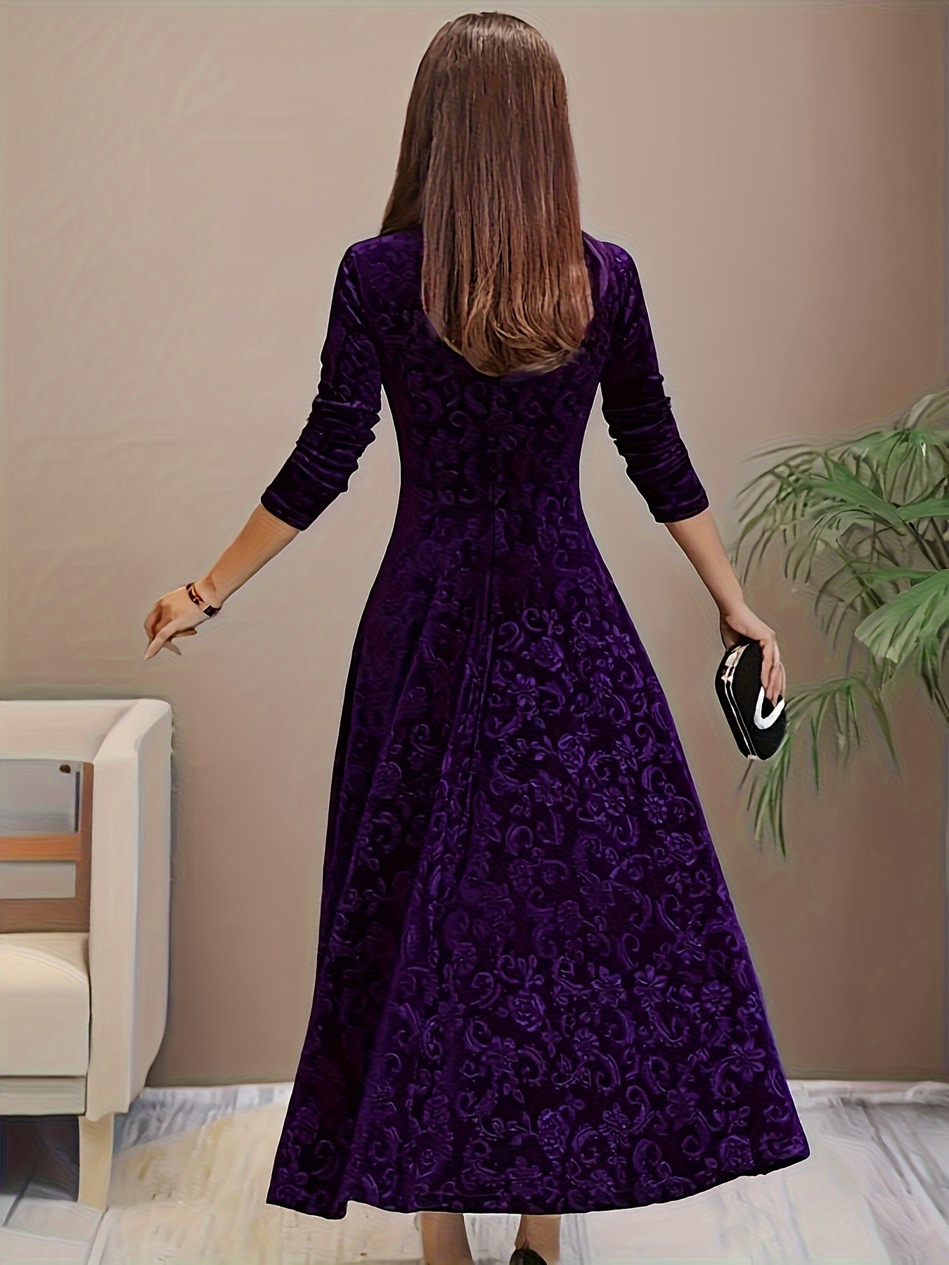 Velarise | Abito Midi Elegante da Donna con Maniche Lunghe e Stampa a Rilievo