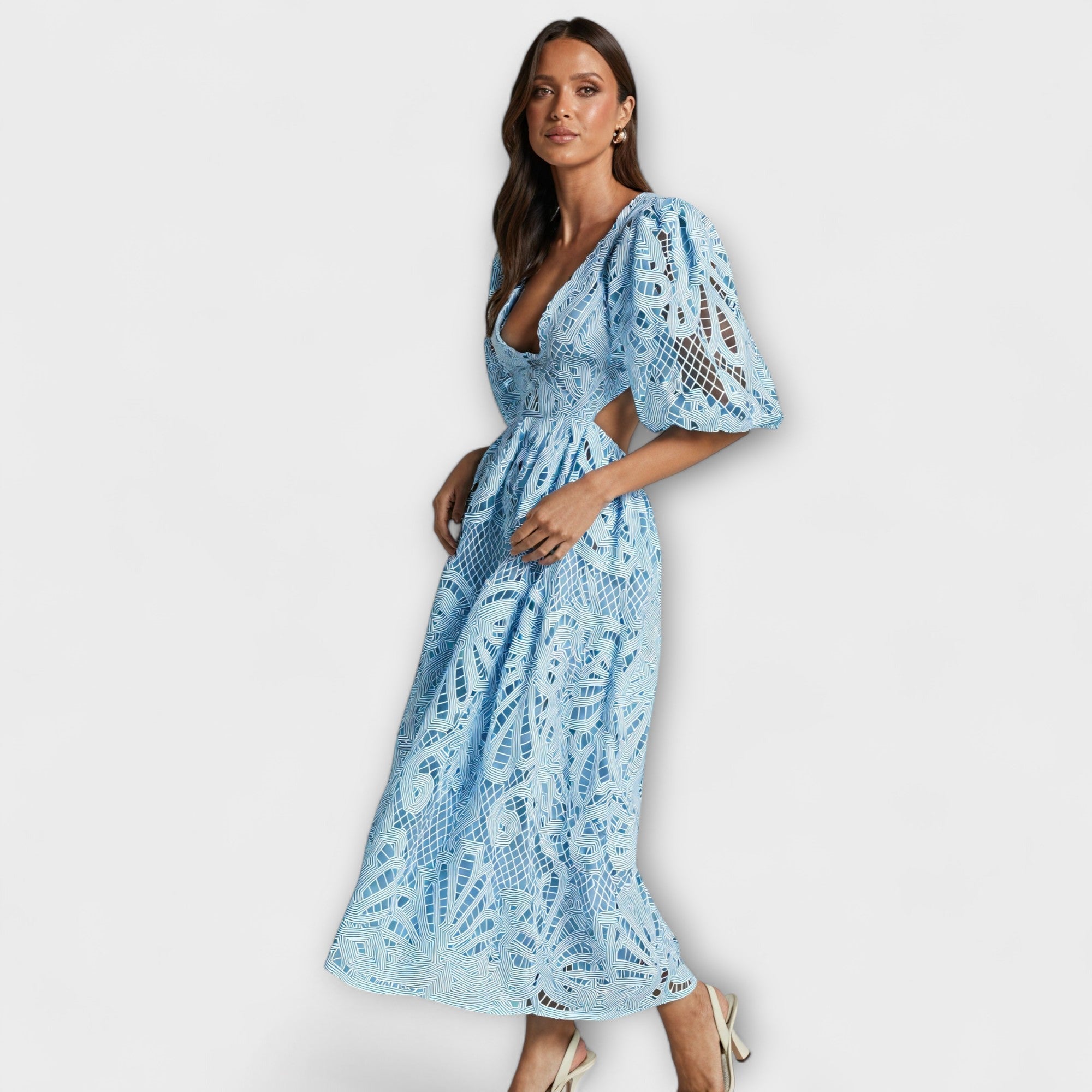 Dena | Abito Midi Casual da Donna in Pizzo con Motivo Traforato