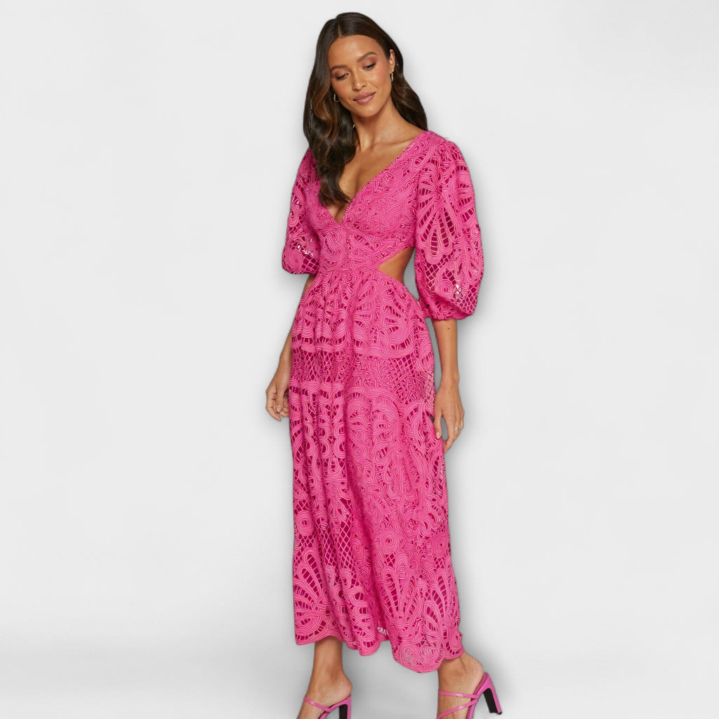 Dena | Abito Midi Casual da Donna in Pizzo con Motivo Traforato