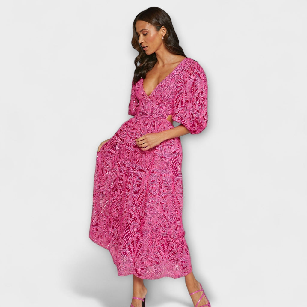 Dena | Abito Midi Casual da Donna in Pizzo con Motivo Traforato