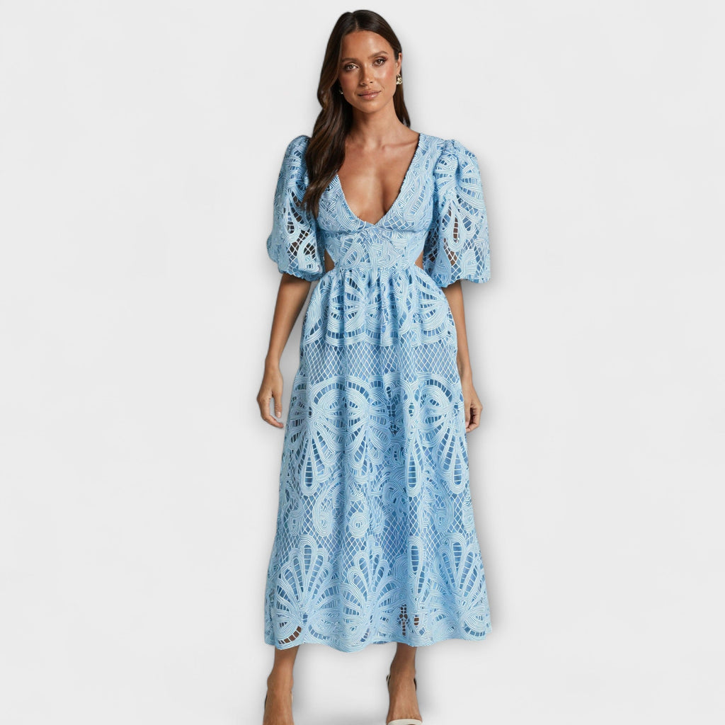 Dena | Abito Midi Casual da Donna in Pizzo con Motivo Traforato