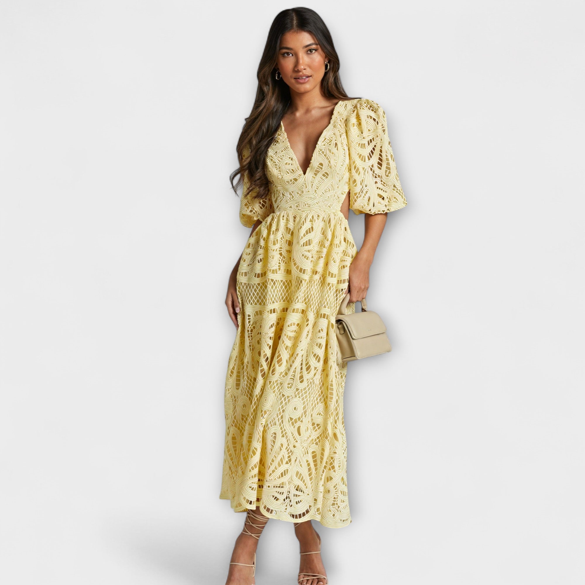 Dena | Abito Midi Casual da Donna in Pizzo con Motivo Traforato