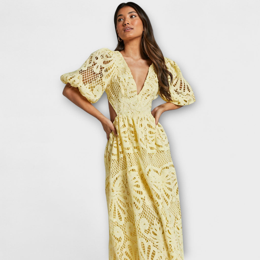 Dena | Abito Midi Casual da Donna in Pizzo con Motivo Traforato