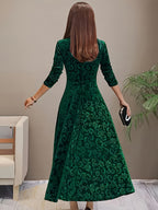 Velarise | Abito Midi Elegante da Donna con Maniche Lunghe e Stampa a Rilievo