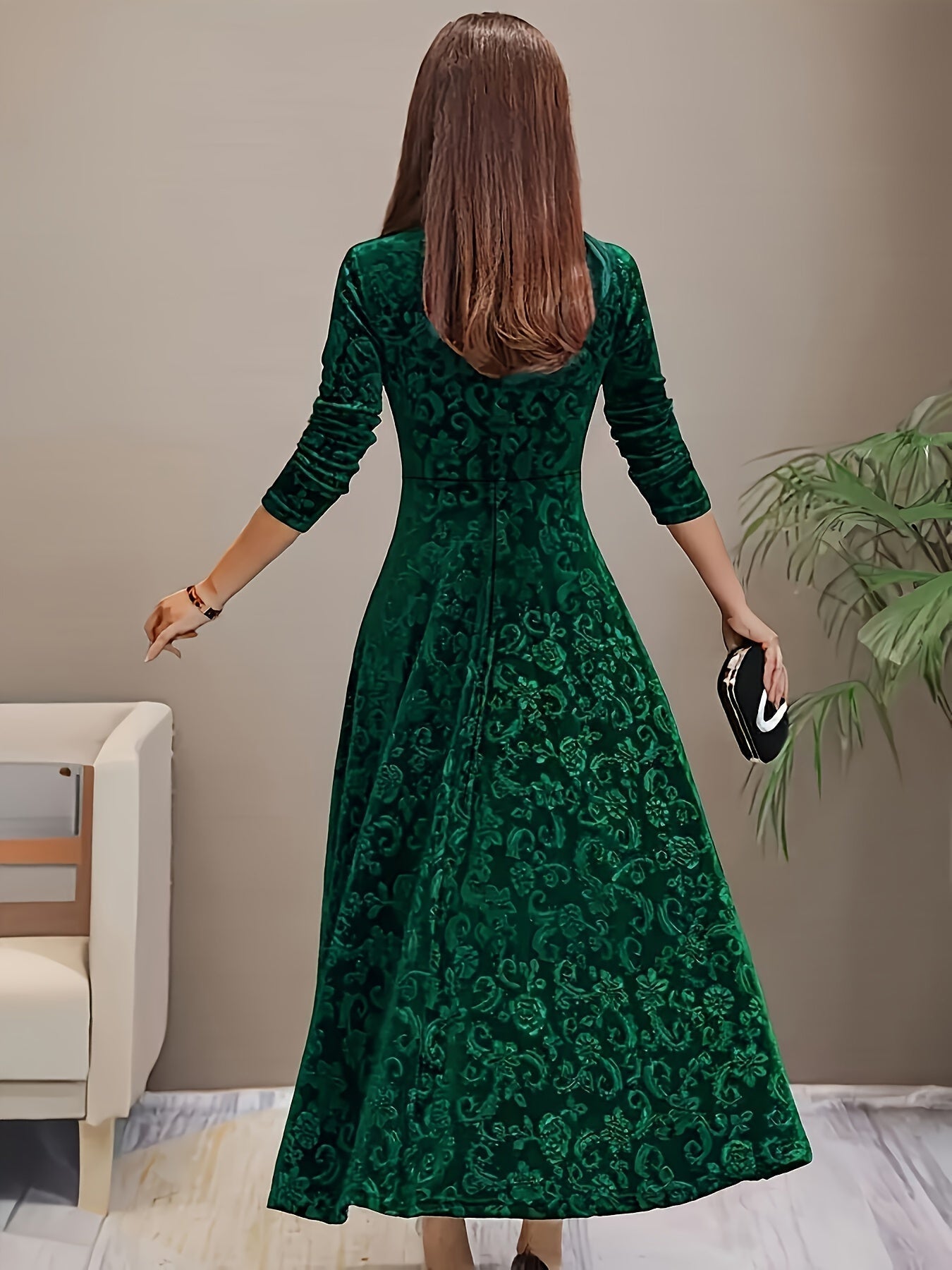 Velarise | Abito Midi Elegante da Donna con Maniche Lunghe e Stampa a Rilievo