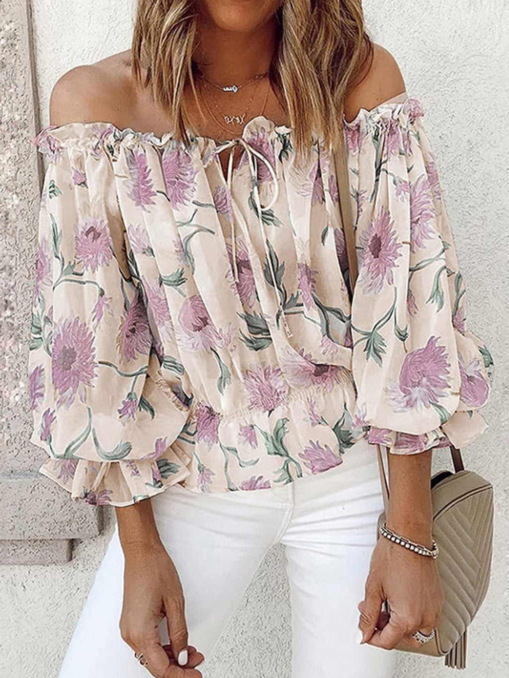 Floréa | Blusa estiva da donna con spalle scoperte, stampa floreale e maniche a sbuffo
