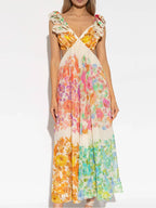 Meadow | Damska Elegancka Sukienka Maxi W Kwiaty Z Dekoltem V