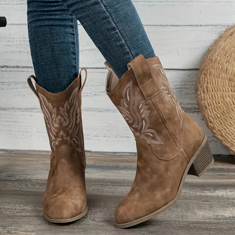 Maqsood | Stivali da donna marroni stile western a metà polpaccio casual