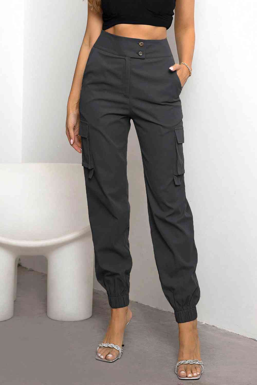 Rovena | Women's High-Waisted Tapered Casual Cargo Pants