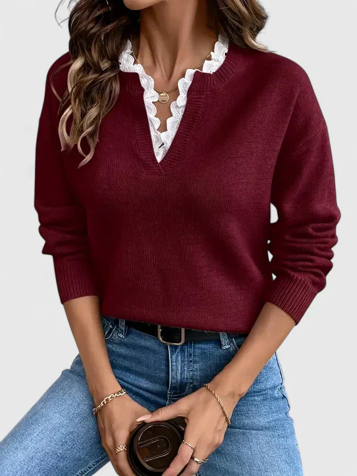 Serelune | Maglia Casual Donna in Maglia con Scollo a V e Rifinitura in Pizzo