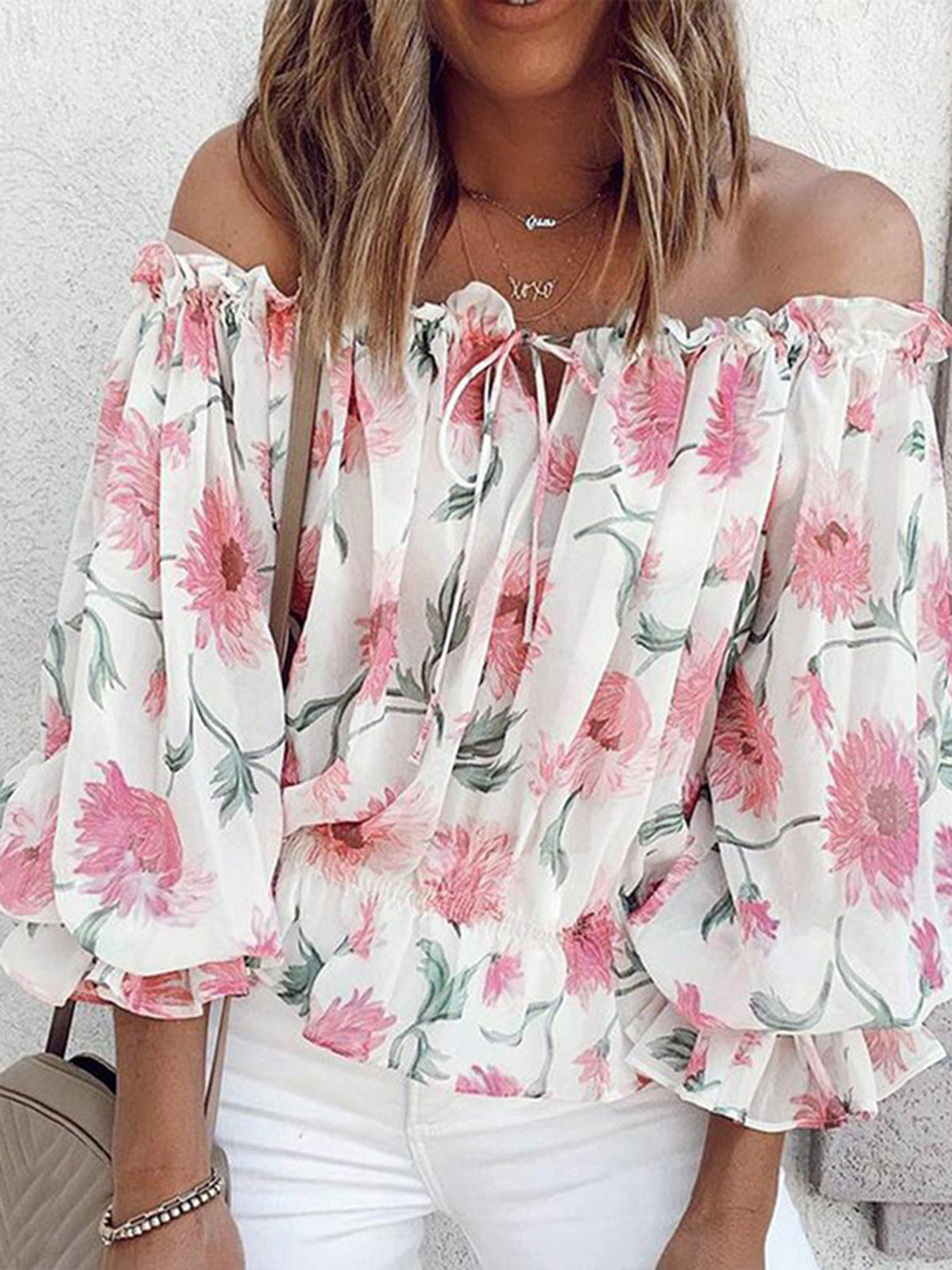 Floréa | Blusa estiva da donna con spalle scoperte, stampa floreale e maniche a sbuffo