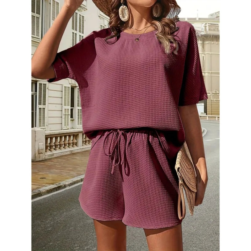 Luvessa | Women's Summer Textured Set with Shorts and Tie