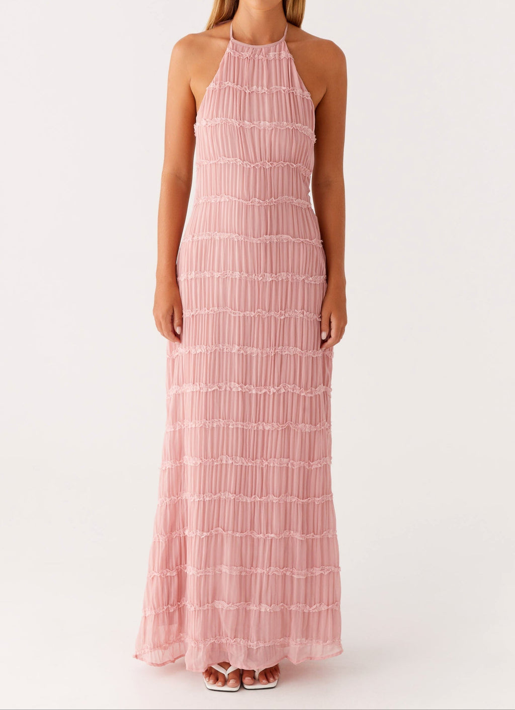 Evelyn | Elegante abito maxi con arricciature e scollo halter