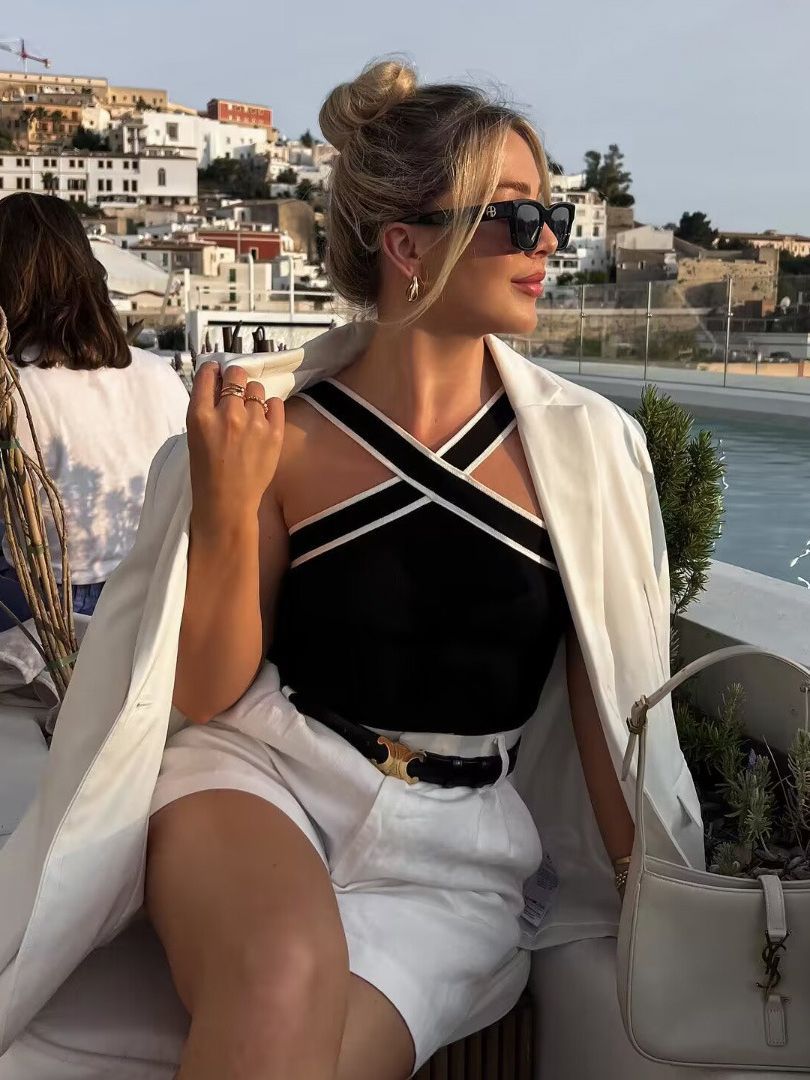 Pamela | Top Estivo Donna in Maglia con Spalline a Contrasto