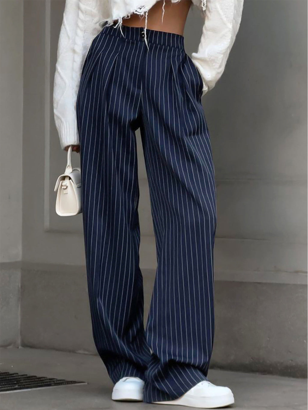Velnira | Pantaloni Donna Larghi a Righe con Vita Alta