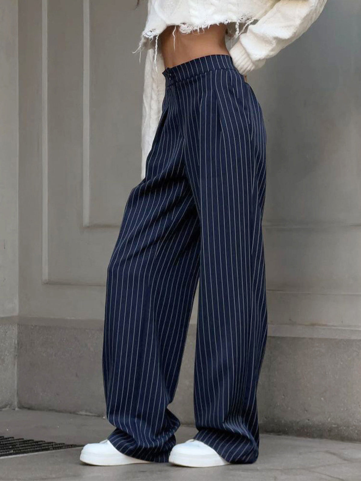 Velnira | Pantaloni Donna Larghi a Righe con Vita Alta