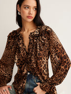 Yara | Blusa Donna Elegante Maculata con Volant e Laccio