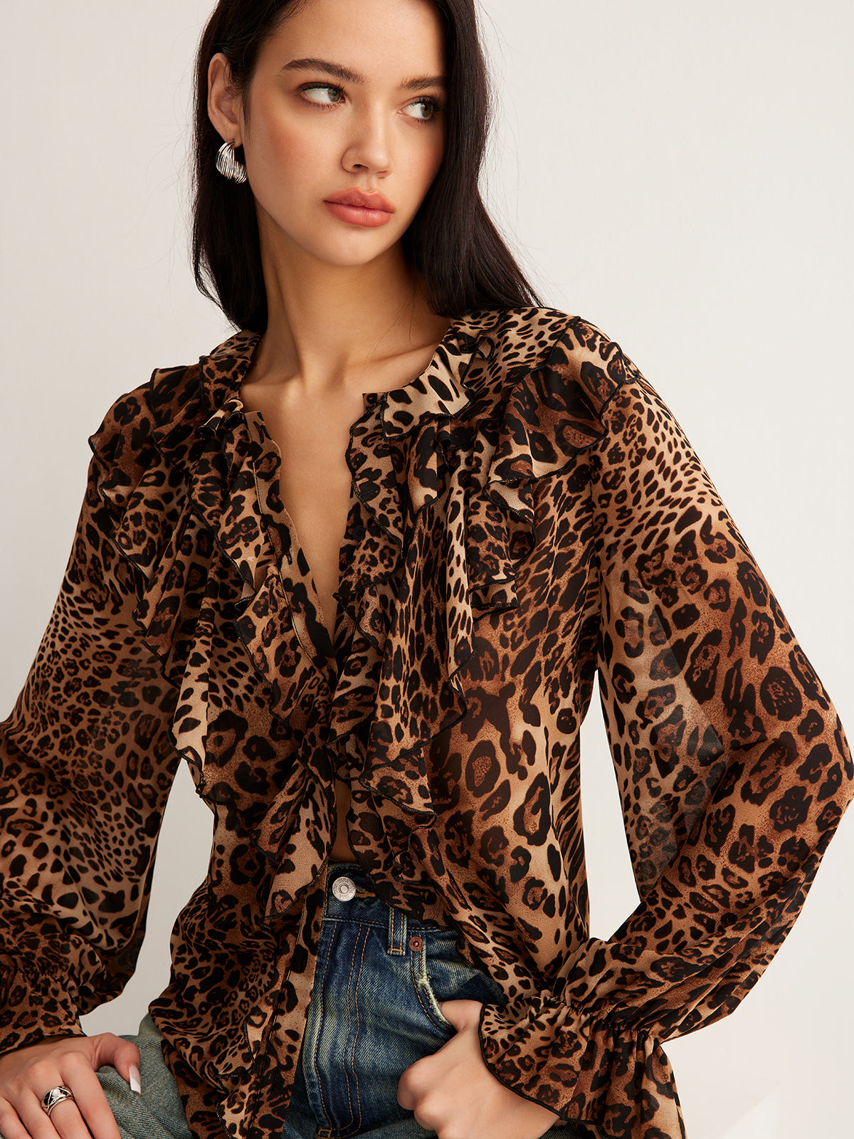 Yara | Blusa Donna Elegante Maculata con Volant e Laccio