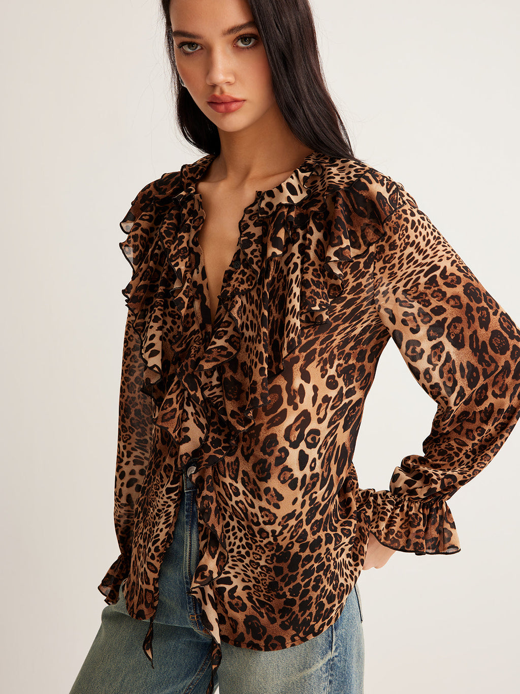 Yara | Blusa Donna Elegante Maculata con Volant e Laccio