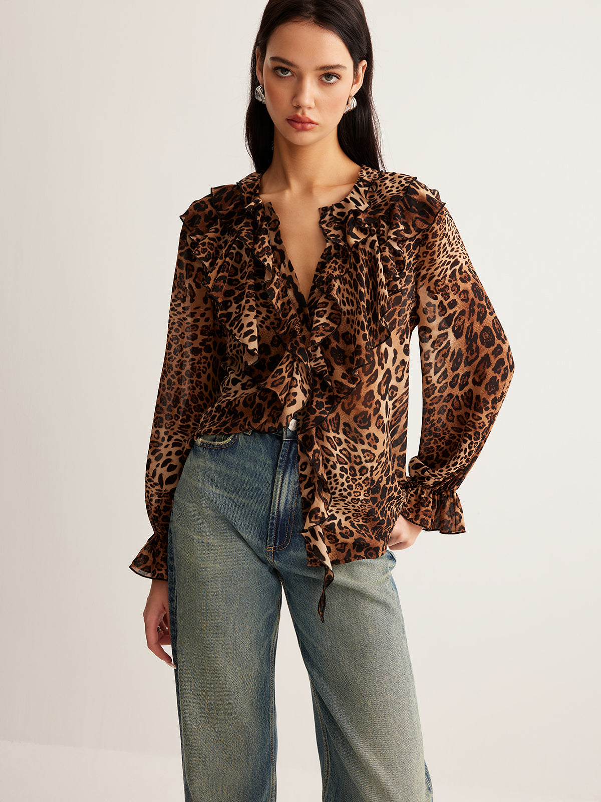 Yara | Blusa Donna Elegante Maculata con Volant e Laccio