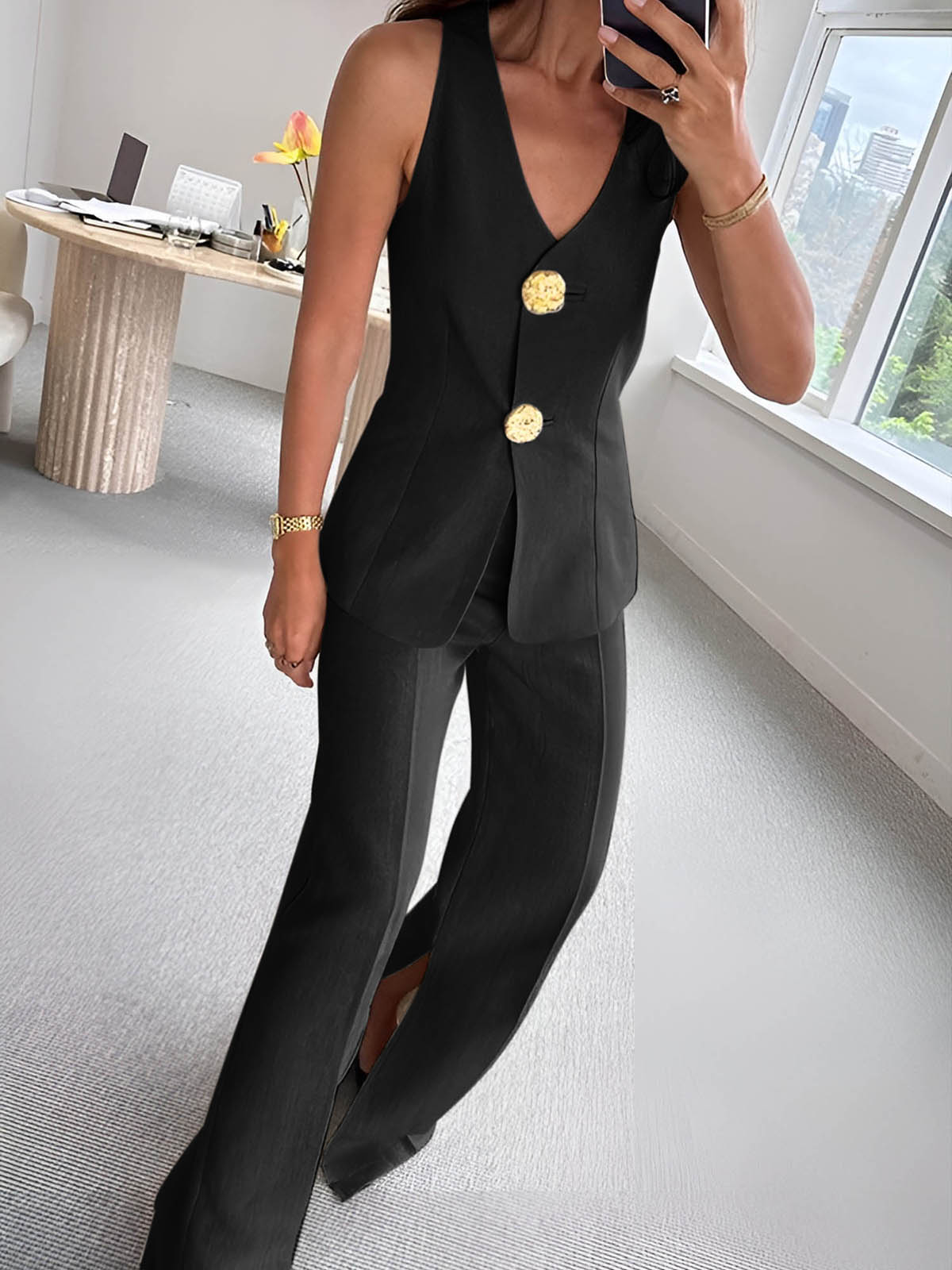 Veloura | Women's Elegant Summer Set Vest and Pants with Buttons