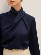 Sylwia | Camicetta da Donna in Raso con Scollo Alto Drappeggiato