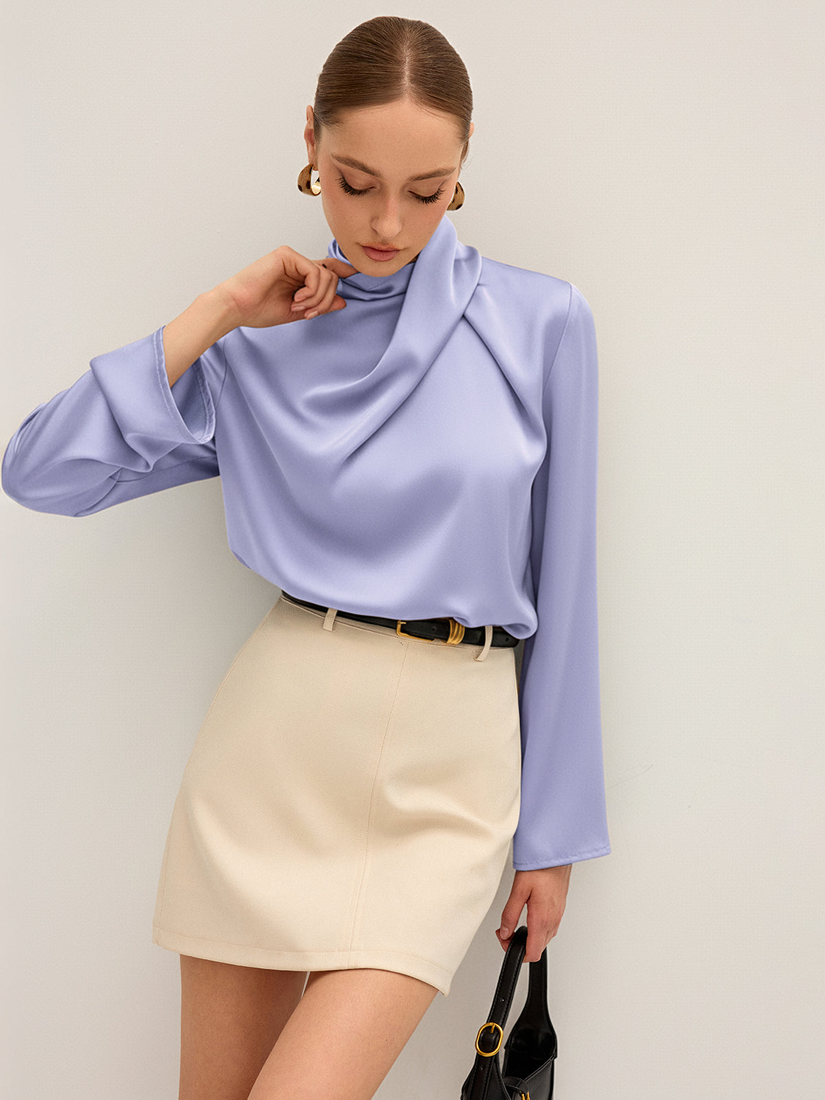 Sylwia | Women's Satin Blouse with Draped High Neckline