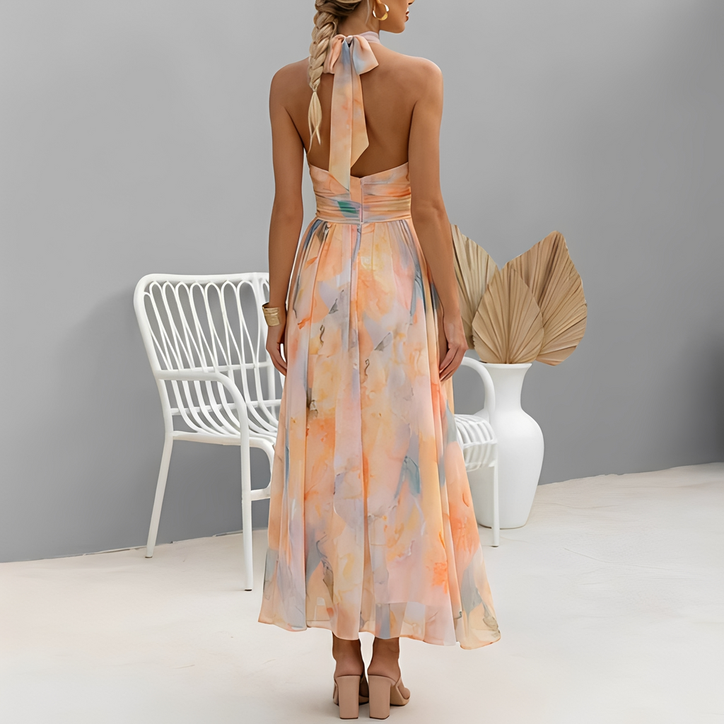 Zena | Abito Maxi con Scollo Halter e Delicato Motivo Floreale