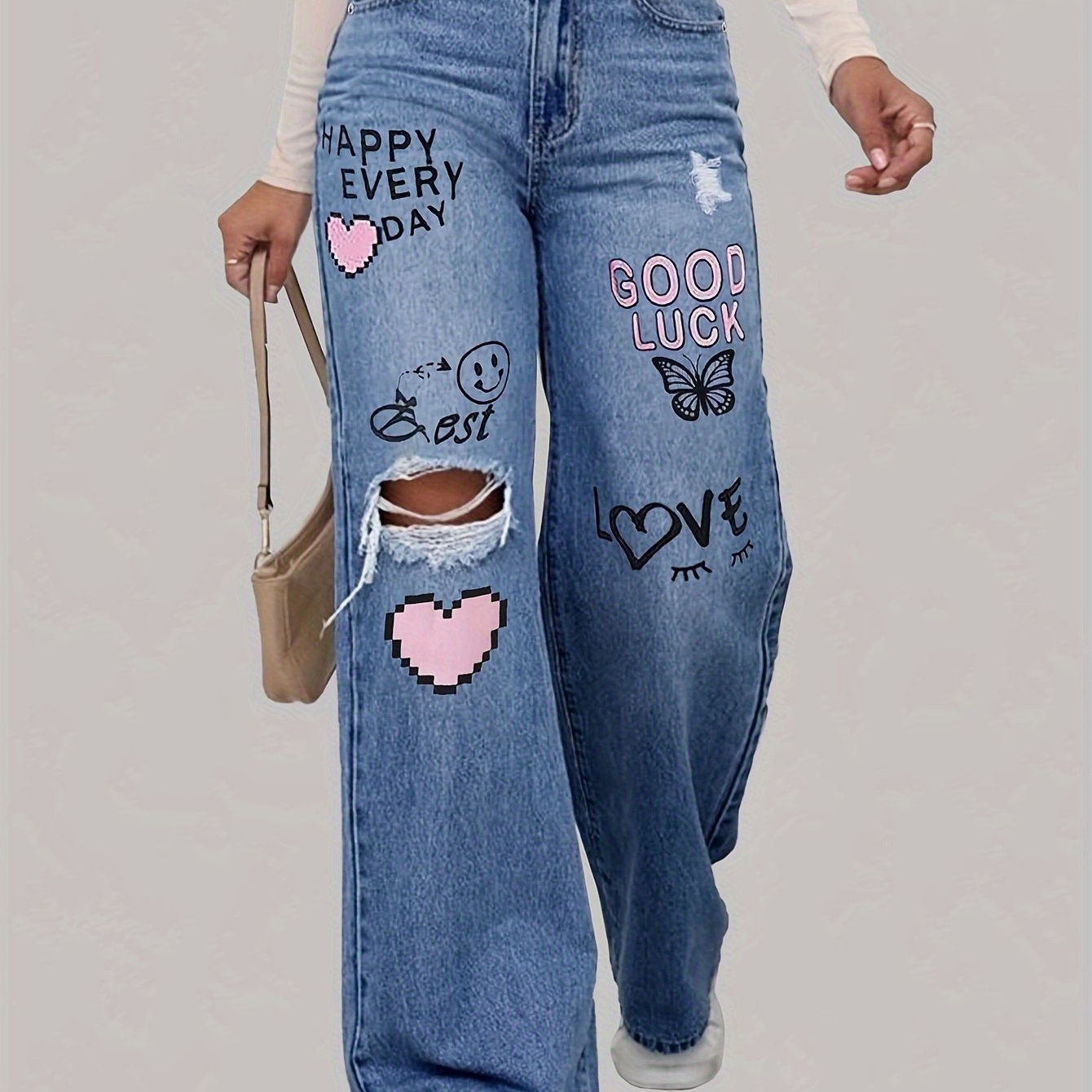 Denivra | Jeans da donna strappati con ricamo, modello ampio