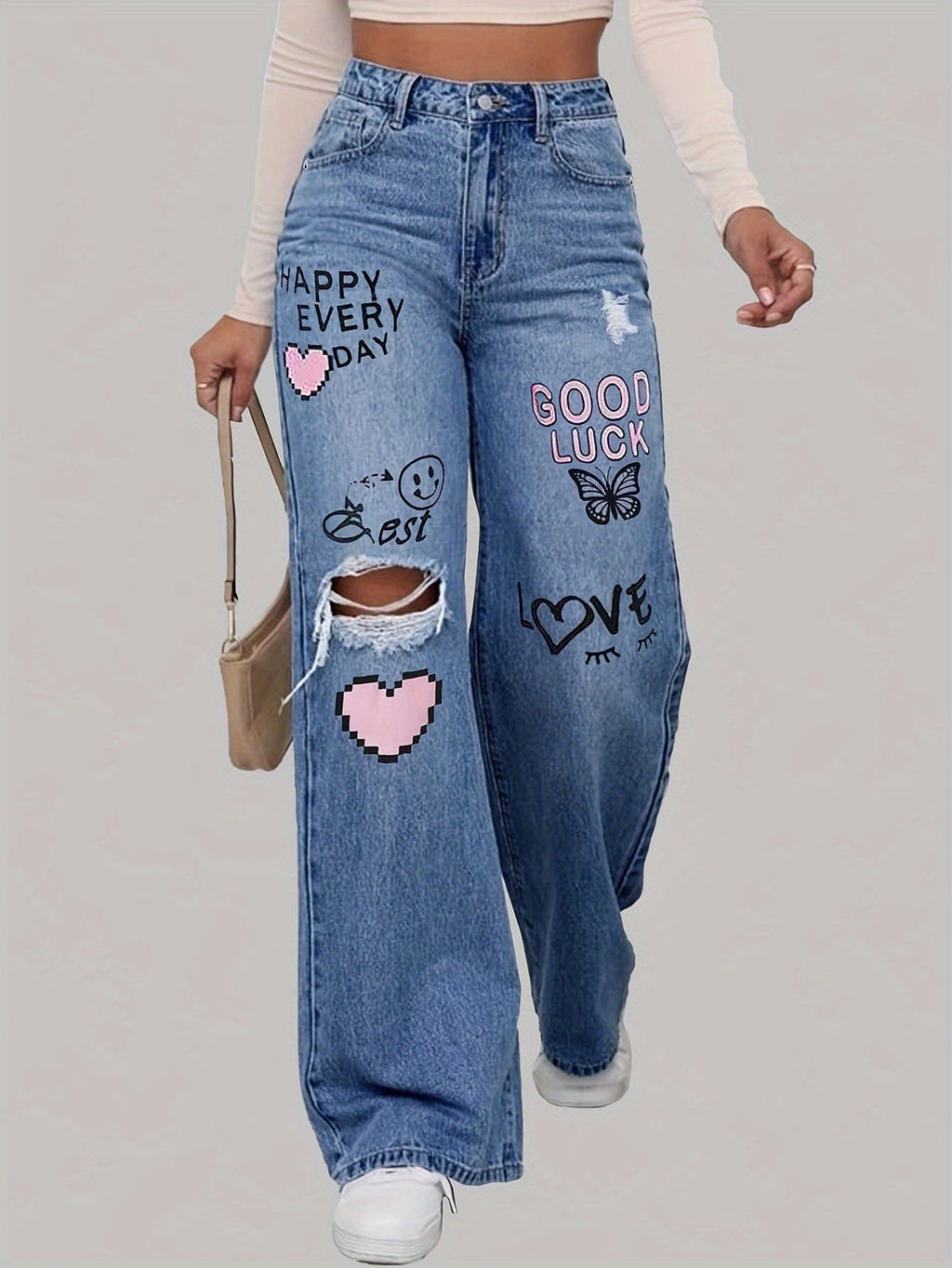 Denivra | Jeans da donna strappati con ricamo, modello ampio