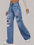 Denivra | Jeans da donna strappati con ricamo, modello ampio