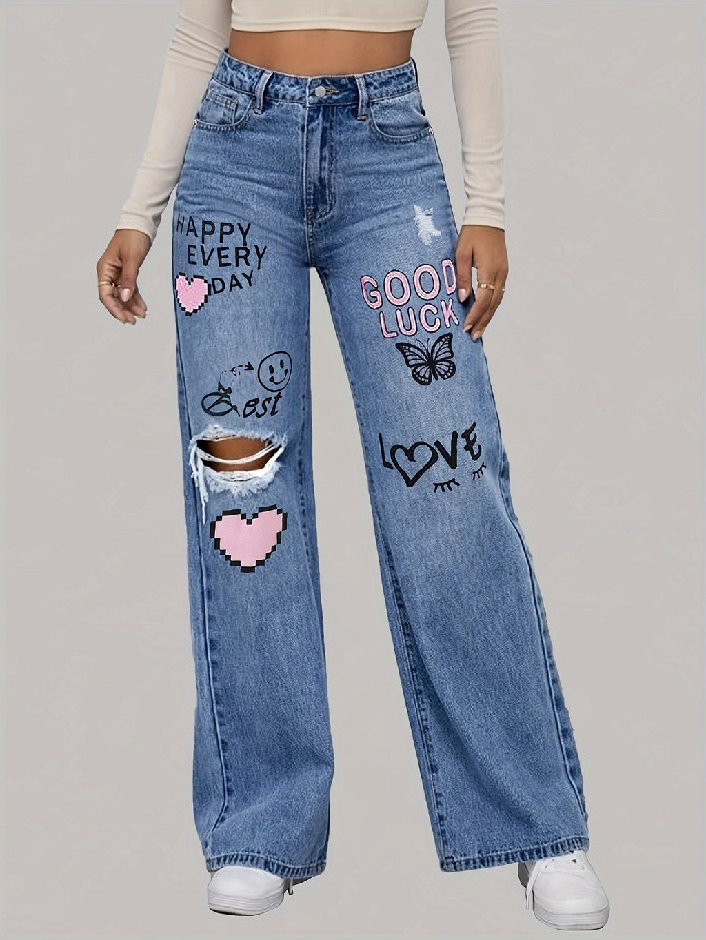 Denivra | Jeans da donna strappati con ricamo, modello ampio
