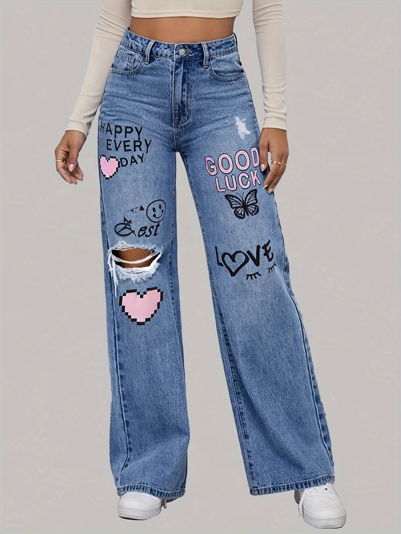 Denivra | Jeans da donna strappati con ricamo, modello ampio