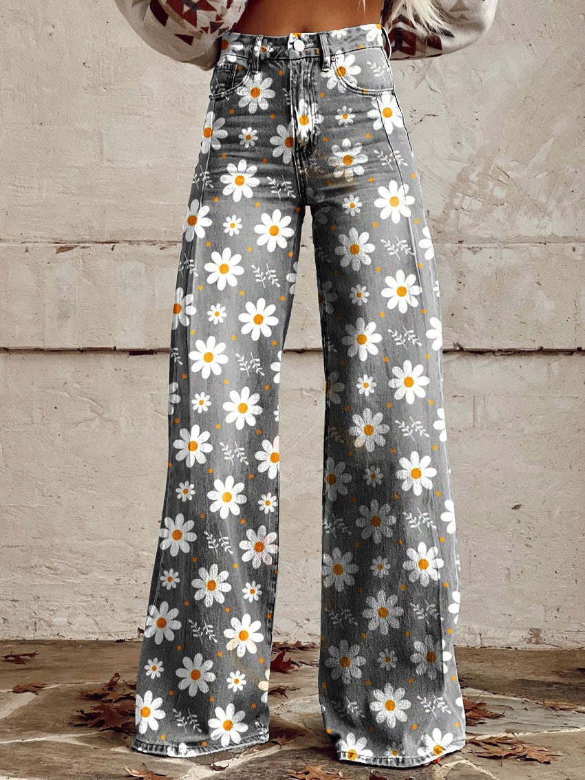 Florissea | Pantaloni donna a gamba larga con motivo floreale e vita alta
