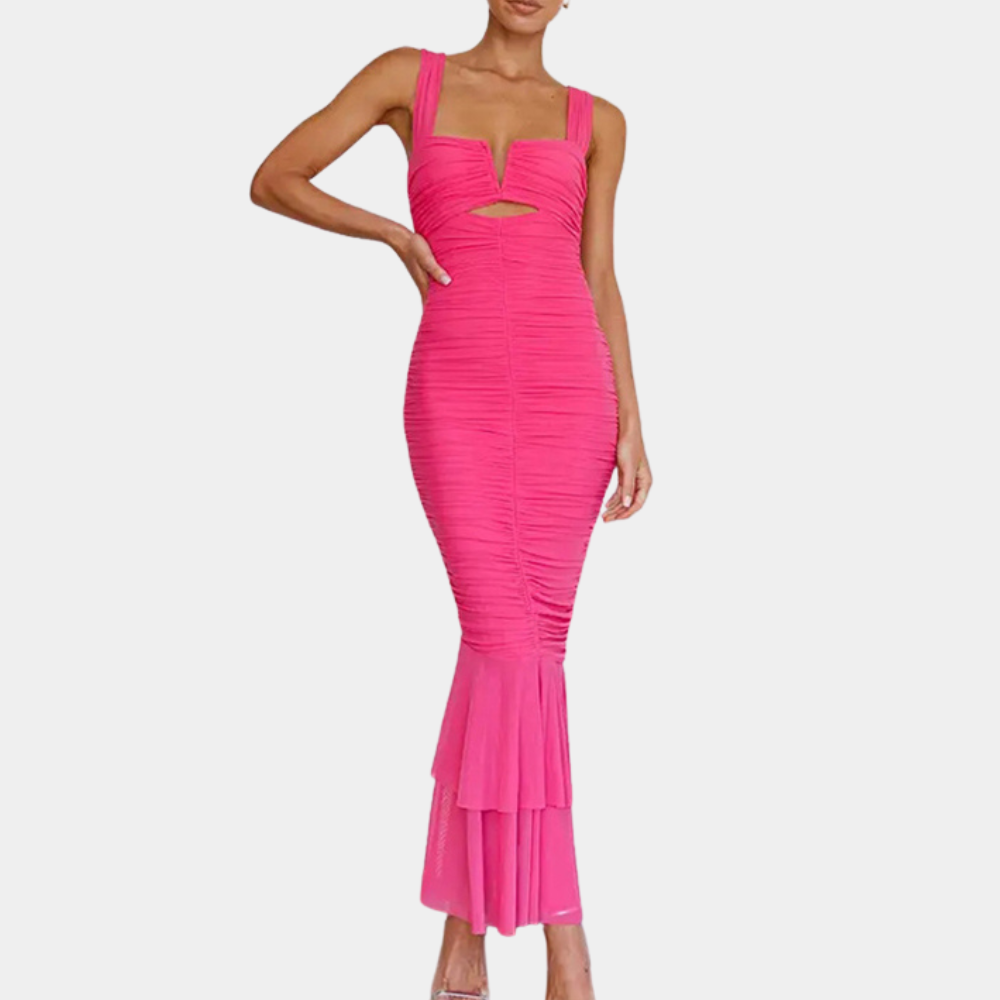 Fucsia | Abito Maxi Donna Arricciato con Scollo Cut-Out e Taglio Sirena